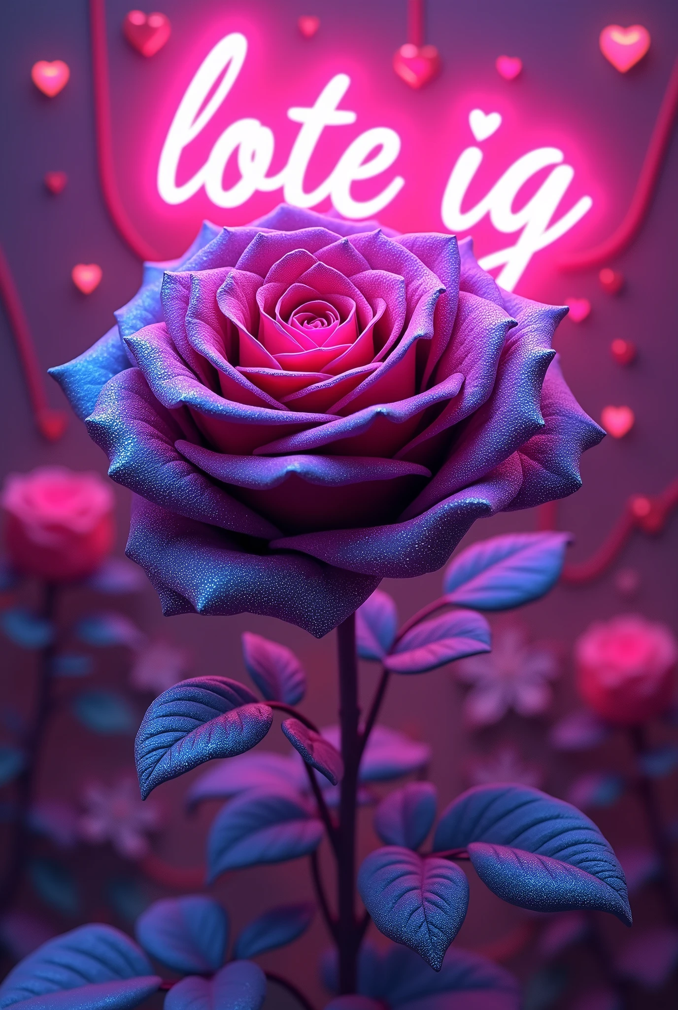 A mesmerizing artwork in a glowing neon art style! A vibrant pink background sets the stage for a stunning visual display. Three-dimensional text glows with an otherworldly light, spelling out "" in bold neon letters. Amidst this cosmic backdrop, a majestic rose blooms, its petals shimmering in a deep purple hue that seems to pulse with an inner radiance. The flower's dark, velvety centers appear almost black, adding depth and dimensionality to the design. Scattered throughout the composition are 3D neon hearts, their pinkish glow harmonizing with the overall palette. A dynamic angle captures the eye, drawing it into a world of enchantment and wonder.