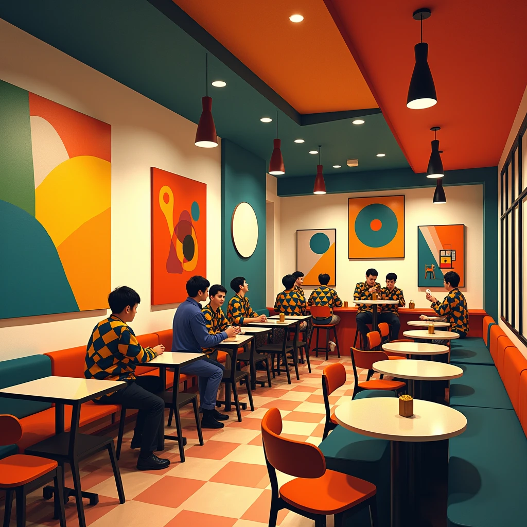 A MORE FUN CAFETERIA WITH BAUHAUS STYLE BANDS AND PAINTINGS