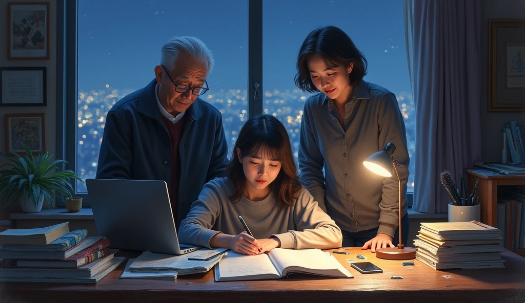 A stunning oil painting of a young beautiful Korean woman and her old father and mother happily standing beside her, beautifully portrayed with a lost and melancholic expression. In the soft glow of a study lamp, a she sits in her comfortable chair, surrounded by the organized chaos of study materials. Her desk is cluttered with open books, a laptop, and a mobile phone, each item a tool in her quest for knowledge. In a softly lit room, the young girl sits at her desk, engrossed in her studies. The warm glow from her desk lamp casts a gentle light over her open books, laptop, and scattered notes. Standing beside her, her elderly father and her mother watch with evident pride and admiration. Their faces are illuminated by the room's light, reflecting their joy and satisfaction. The window beside her at a distance, reveals the deep blue of night time, with the city lights faintly glimmering in the distance. The room is bathed in a warm, focused light that contrasts with the cool darkness outside, creating a serene, studious atmosphere., adding to the sense of unease. The painting exhibits a dream-like, impressionistic style, with visible brushstrokes that create a sense of depth and texture. The color palette primarily consists of deep purples, greys, and blacks, evoking a depressive atmosphere. wide shot.