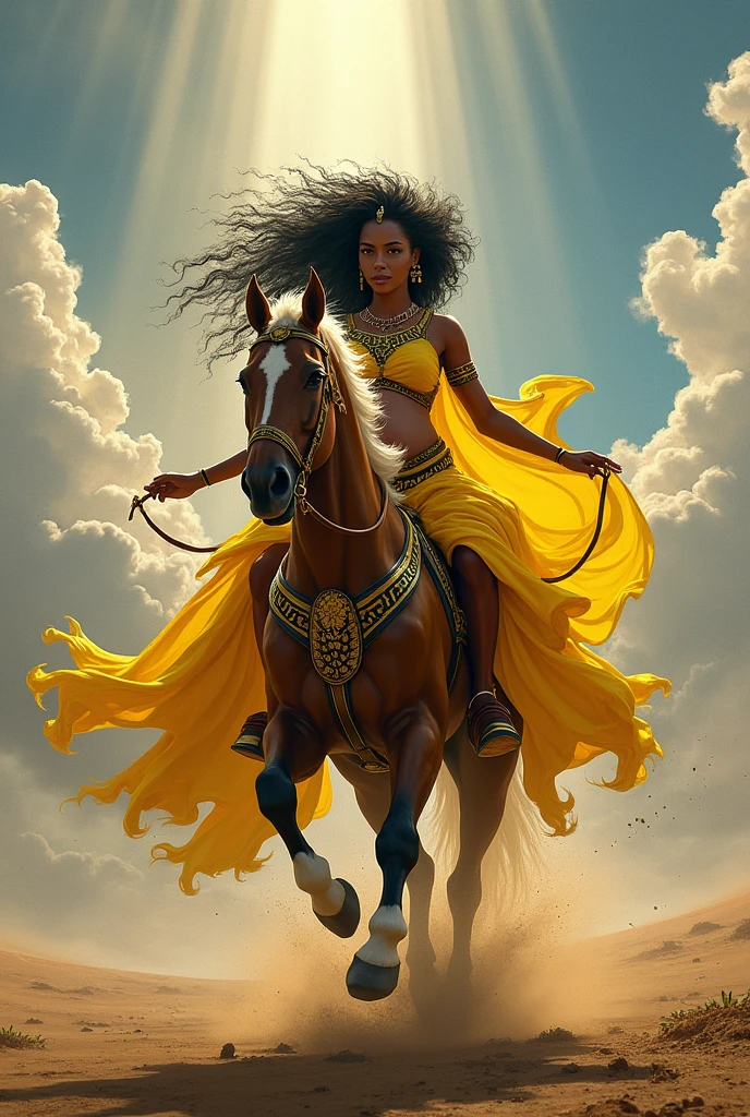 I want a drawing of a warrior Iansã wearing yellow clothes and pregnant running into battle on top of a horse. In the skies the rays