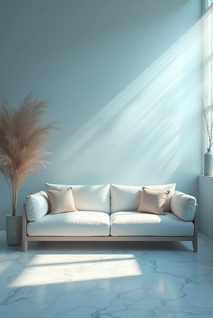 a white dreamy living room, foggy, soft focus, cool lighting, muted pastel colors, glowing atmosphere, dramatic shadows, cinematic composition, dream-like quality, ethereal, romantic, soft focus photography, blue hour, midnight, windy, white marble, whimsical, hazy, ethereal