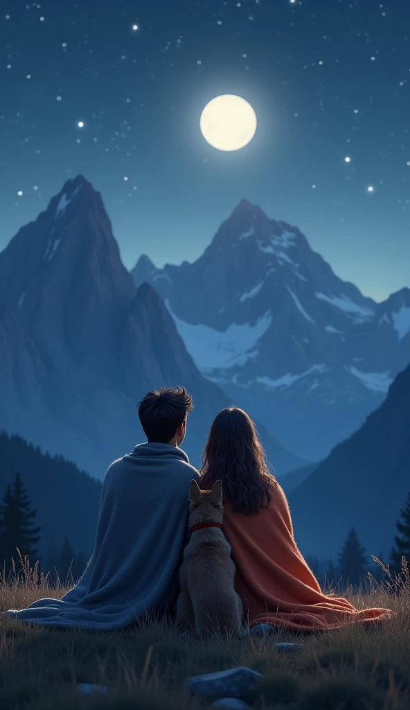 "Create a photorealistic scene of a peaceful nighttime mountain view. A young man and woman sit close together on a grassy hilltop, wrapped in blankets, with a serene, cozy atmosphere around them. A soft, warm light casts gentle shadows, illuminating their faces as they gaze at the bright full moon in the sky. A loyal dog sits beside them, looking content and calm. In the background, towering mountains rise against a starry night sky. The overall mood is tranquil and intimate, with the soft glow of the moonlight enhancing the natural beauty of the moment."