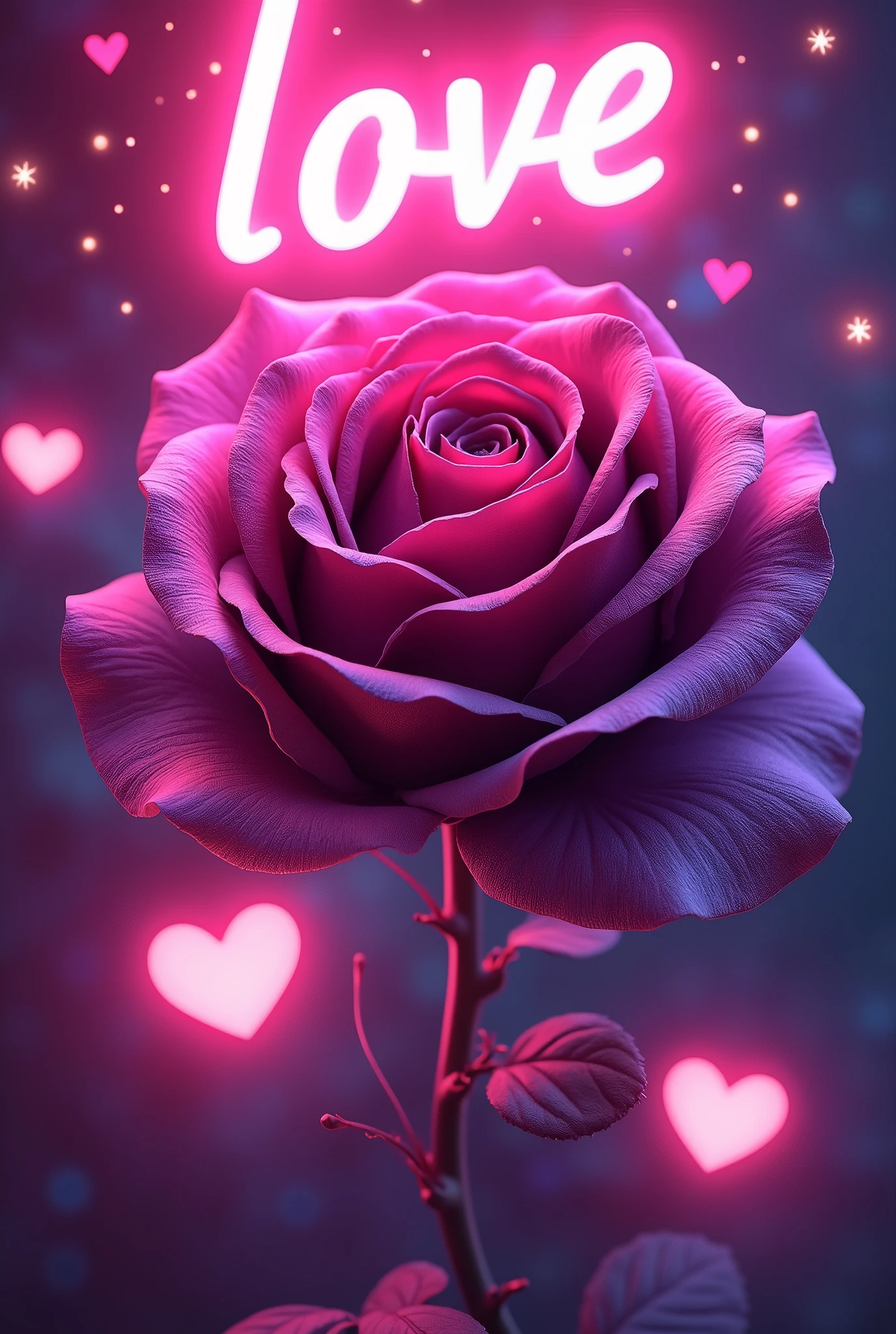A mesmerizing artwork in a glowing neon art style! A vibrant pink background sets the stage for a stunning visual display. Three-dimensional text glows with an otherworldly light, spelling out "" in bold neon letters. Amidst this cosmic backdrop, a majestic rose blooms, its petals shimmering in a deep purple hue that seems to pulse with an inner radiance. The flower's dark, velvety centers appear almost black, adding depth and dimensionality to the design. Scattered throughout the composition are 3D neon hearts, their pinkish glow harmonizing with the overall palette. A dynamic angle captures the eye, drawing it into a world of enchantment and wonder.