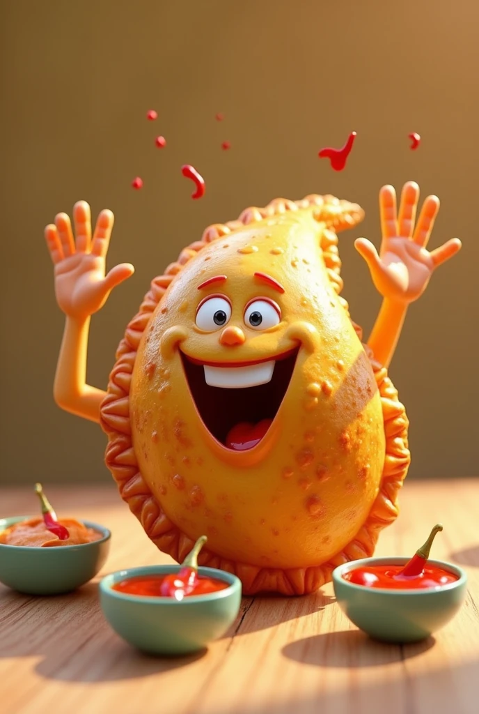 IMAGE OF AN EMPANADA WITH HANDS, EATING HERSELF,
PIXAR STYLE AND APPETIZING WITH SAUCES AND CHILI IN SMALL CONTAINERS, With a happy face