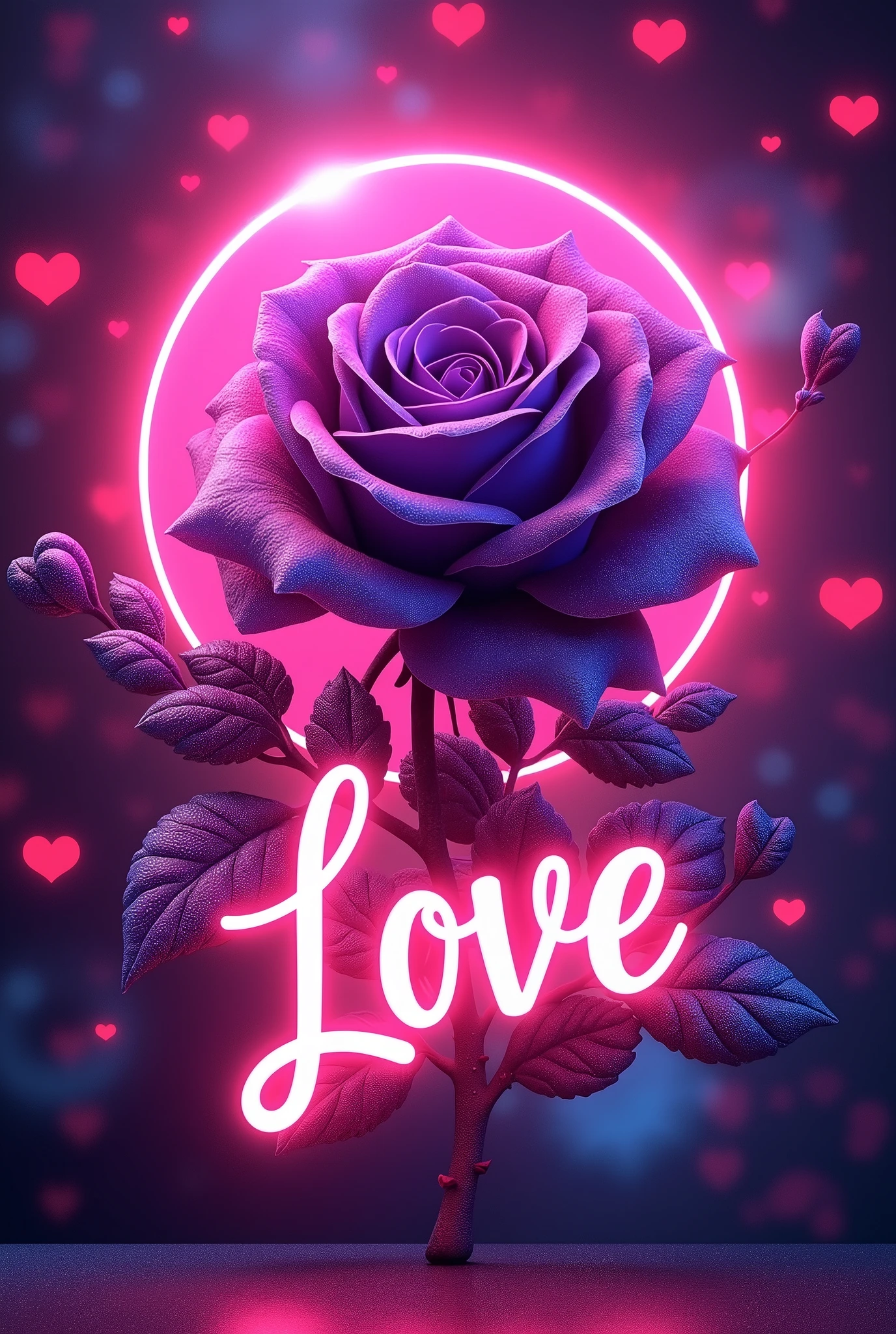 A mesmerizing artwork in a glowing neon art style! A vibrant pink background sets the stage for a stunning visual display. Three-dimensional text glows with an otherworldly light, spelling out "" in bold neon letters. Amidst this cosmic backdrop, a majestic rose blooms, its petals shimmering in a deep purple hue that seems to pulse with an inner radiance. The flower's dark, velvety centers appear almost black, adding depth and dimensionality to the design. Scattered throughout the composition are 3D neon hearts, their pinkish glow harmonizing with the overall palette. A dynamic angle captures the eye, drawing it into a world of enchantment and wonder.