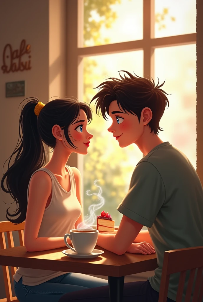 A beautiful girl with long black hair that's in a ponytail, dark brown eyes, wearing a casual dress inside a cafe and a handsome boy with brown hair and blue eyes are both sitting near the window, a mug of coffee and slice of cakes on the table while chatting with each other lovingly.