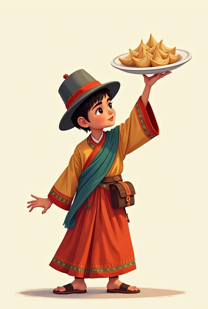 nepali black newari dress ,dhaka topi wears boy in side looks pose to take a momo plate in up hand of midshot vector photo
