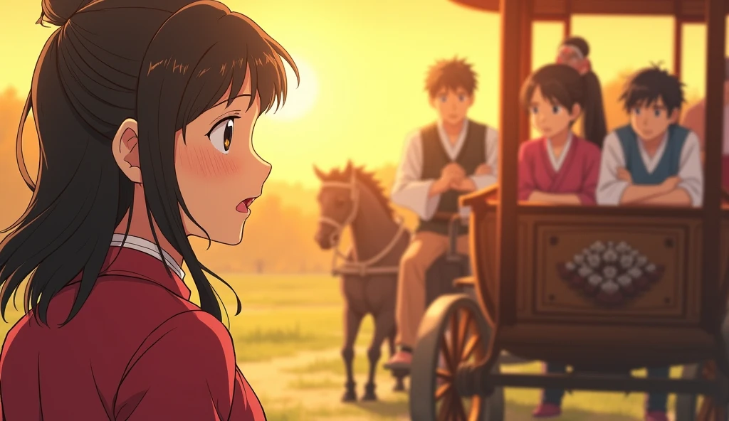 [A round-faced servant wiping sweat and talking to a carriage inside, asking about the distance to the capital][Sunlight][Anime style]