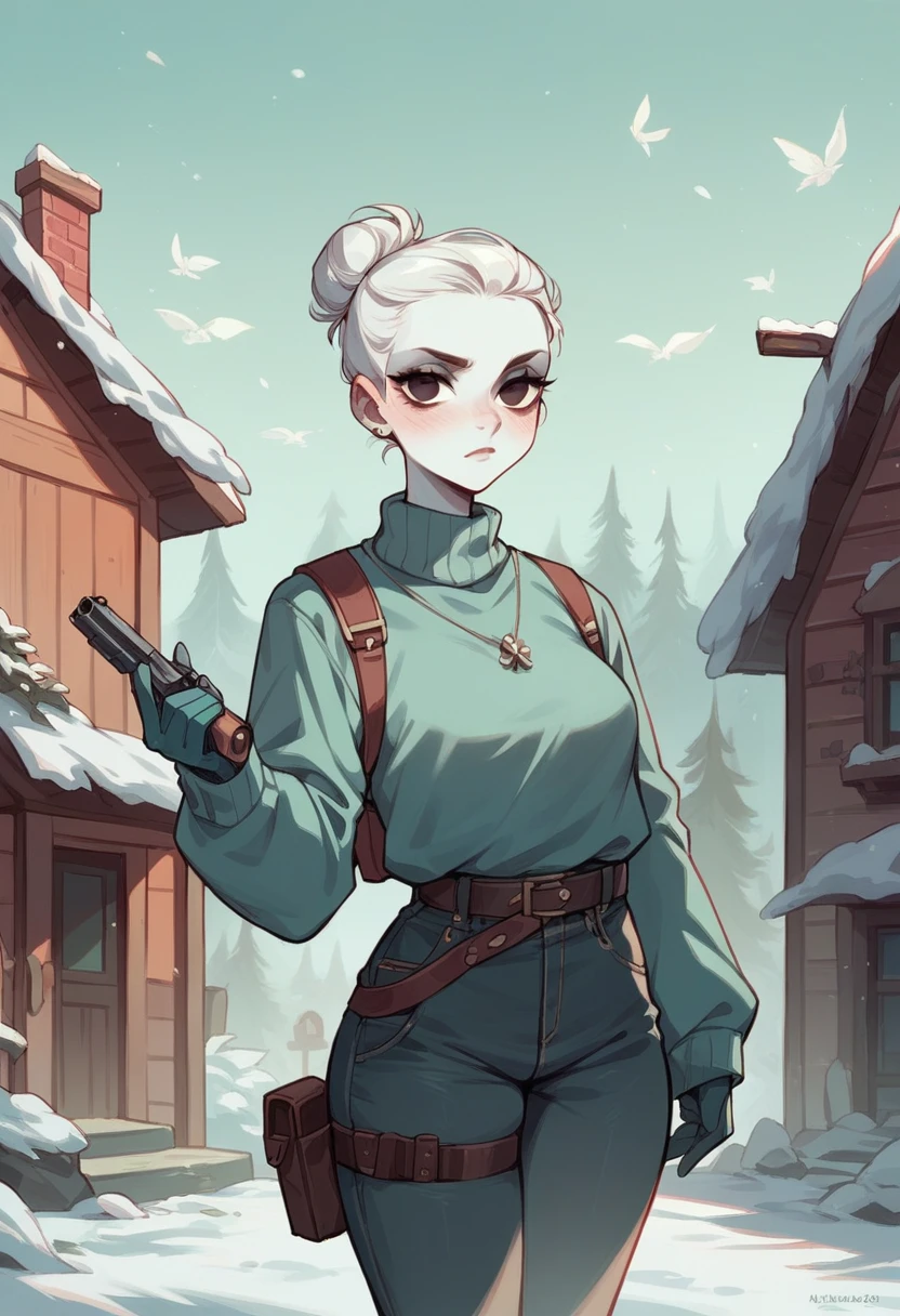 A white girl, very beautiful, with winter clothes, in front of a house in the woods, she has a gun holster on her waist, she gestures to the camera with her hand