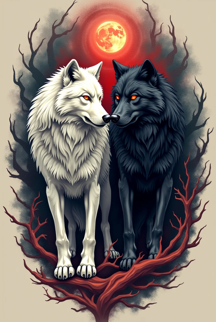 create a tattoo with two wolves, one white and one black, both with red eyes 