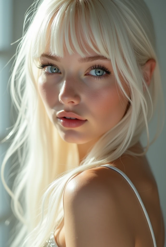(a closeup:1.4)、(RAW shooting:1.2)、(Photorealsitic:1.4)、(masterpiece:1.3)、(top-quality:1.4)、bright expression、extremely beautyful girl、Extraordinary beautiful girl、Detailed cute and beautiful face、Beautiful bangs、Glowing white shiny skin、facial hairs、Bangs that extend to the face、Bangs between the eyes、Super long hair、Attractive light and dark platinum blonde super long straight silky hainer hair、Attractive glowing beautiful bright clear light blue big eyes、Luxurious dresses、Double eyelids、Lush bust、The upper part of the body、