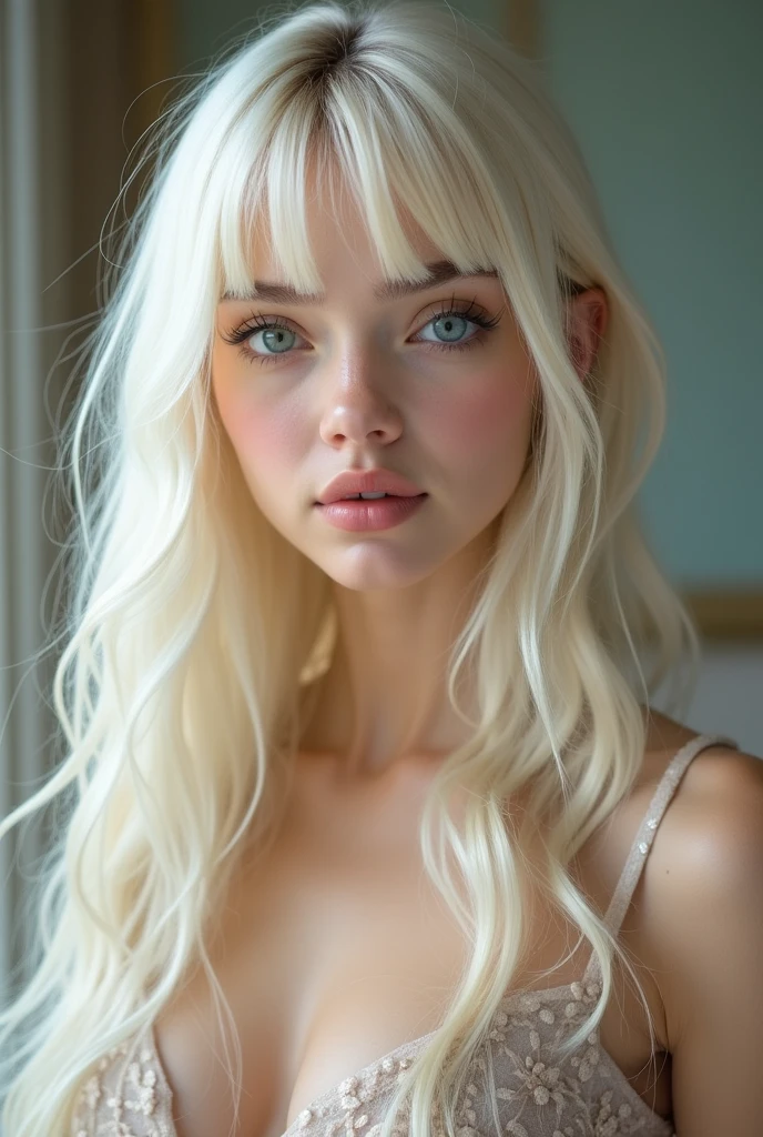 (a closeup:1.4)、(RAW shooting:1.2)、(Photorealsitic:1.4)、(masterpiece:1.3)、(top-quality:1.4)、bright expression、extremely beautyful girl、Extraordinary beautiful girl、Detailed cute and beautiful face、Beautiful bangs、Glowing white shiny skin、facial hairs、Bangs that extend to the face、Bangs between the eyes、Super long hair、Attractive light and dark platinum blonde super long straight silky hainer hair、Attractive glowing beautiful bright clear light blue big eyes、Luxurious dresses、Double eyelids、Lush bust、The upper part of the body、