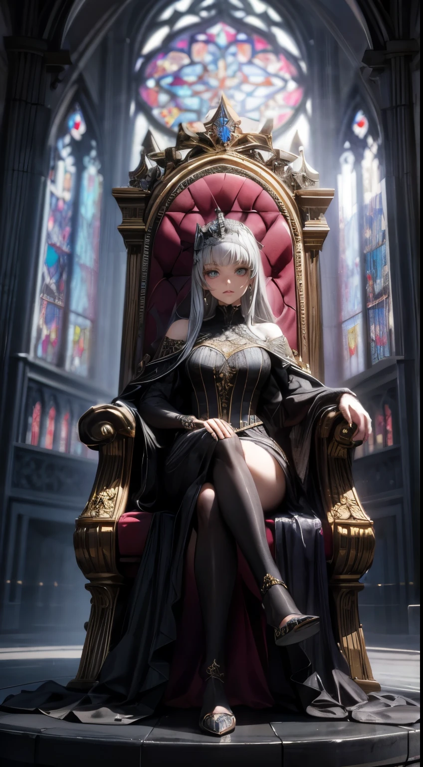 A masterfully crafted 3D render of an evil queen sitting on a grand, ornate throne in a dimly lit room. The queen, with her mesmerizing beauty, exudes both power and darkness. Her outfit is a blend of traditional royal attire and modern fashion, adorned with shimmering materials and intricate designs. Behind her, the stained glass windows cast a vivid Tyndall effect, with beams of light piercing through the darkness and creating a haunting atmosphere. The room itself is a blend of gothic and modern architecture, adding to the unsettling aura surrounding the queen. This illustration is a breathtaking example of anime realism, showcasing the artist's incredible skill and attention to detail., 3d render, anime, fashion, illustration