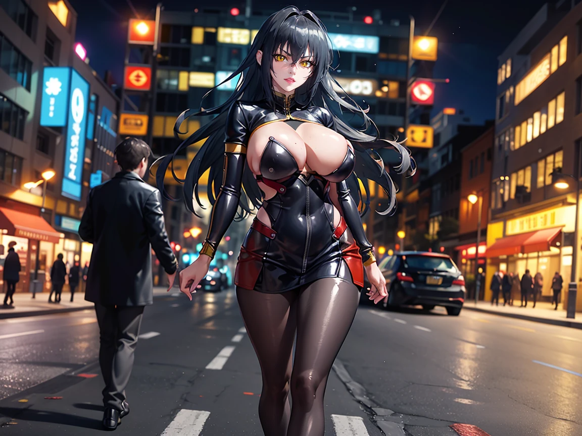 walking on road at midnight background, city avenue, lights, cars, night,
Standing at attention, Annerose,
black outfit, bodysuit latex,
black_hair,yellow_eyes, long_hair, hair intakes,
1 girl, 35yo,mature female,Beautiful Finger,Beautiful long legs,Beautiful body,Beautiful Nose,Beautiful character design, perfect eyes, perfect face,
looking at viewer, (big_eyes:1.0),(expressionless:1.3),
NSFW,official art,extremely detailed CG unity 8k wallpaper, perfect lighting,Colorful, Bright_Front_face_Lighting,
(masterpiece:1.0),(best_quality:1.0), ultra high res,4K,ultra-detailed,
photography, 8K, HDR, highres, absurdres:1.2, Kodak portra 400, film grain, blurry background, bokeh:1.2, lens flare, (vibrant_color:1.2)
(Beautiful,large_Breasts:1.4), (beautiful_face:1.5),(narrow_waist),