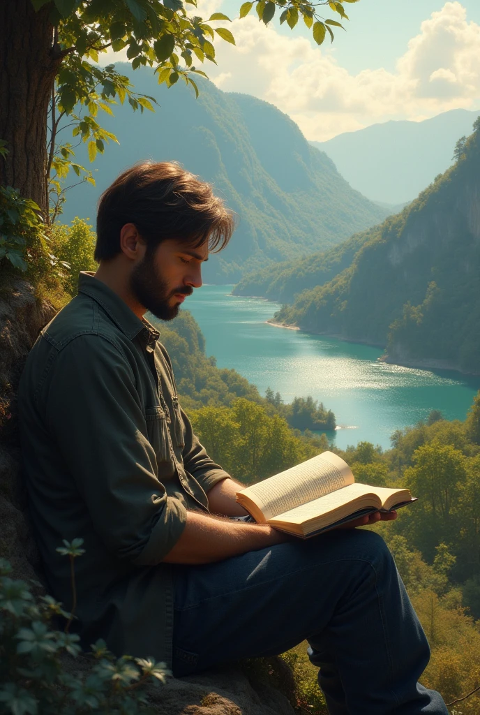 A man reading a book with a beautiful background.