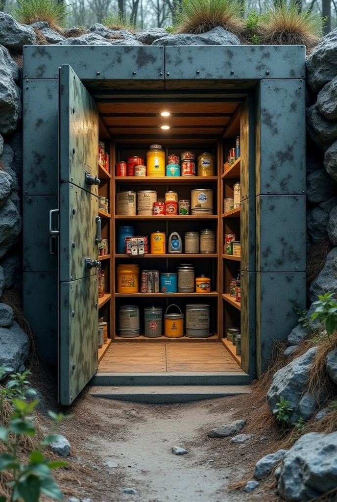 Create an image of a well-stocked bunker, showcasing both the exterior and interior. On the outside, depict a sturdy, reinforced entrance with heavy doors and camouflage elements blending into a rugged landscape. For the interior, show a spacious, organized storage area filled with shelves of non-perishable food, water supplies, and essential survival gear. Include items like canned goods, medical supplies, and emergency tools, with practical lighting and sturdy shelving. Use a muted color palette to emphasize the bunker’s functional and secure environment, capturing a sense of preparedness and self-sufficiency.


















