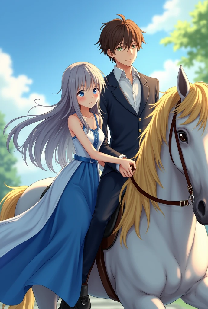 Anime girl with long gray hair and blue eyes, 18 years old, wearing a long blue and white dress, red cheeks, riding a horse in front of a 26 year old boy. Brown hair, green eyes, very handsome, sharp and serious features, holding the girl sitting in front of him on the side on the horse, wearing a formal suit, the horse is white with yellow hair