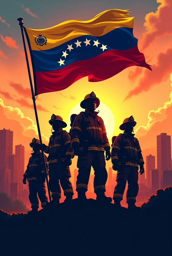 Make an image celebrating the national firefighter day in Venezuela, The flag of Venezuela must have 8 stars