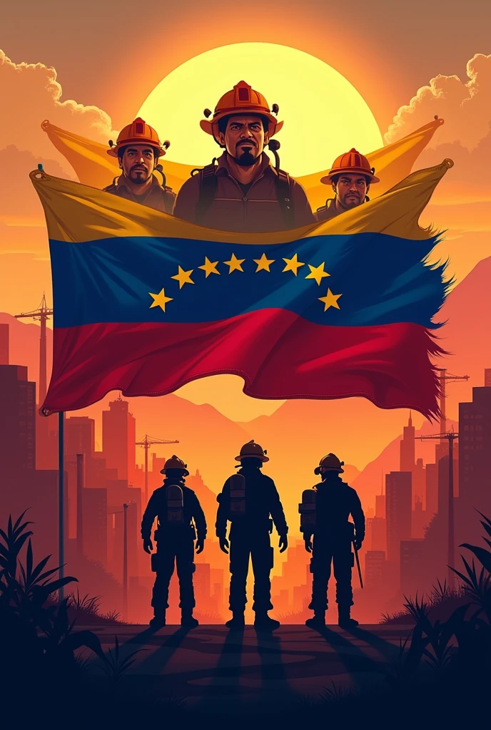 Make an image celebrating the national firefighter day in Venezuela, The flag of Venezuela must have 8 stars 