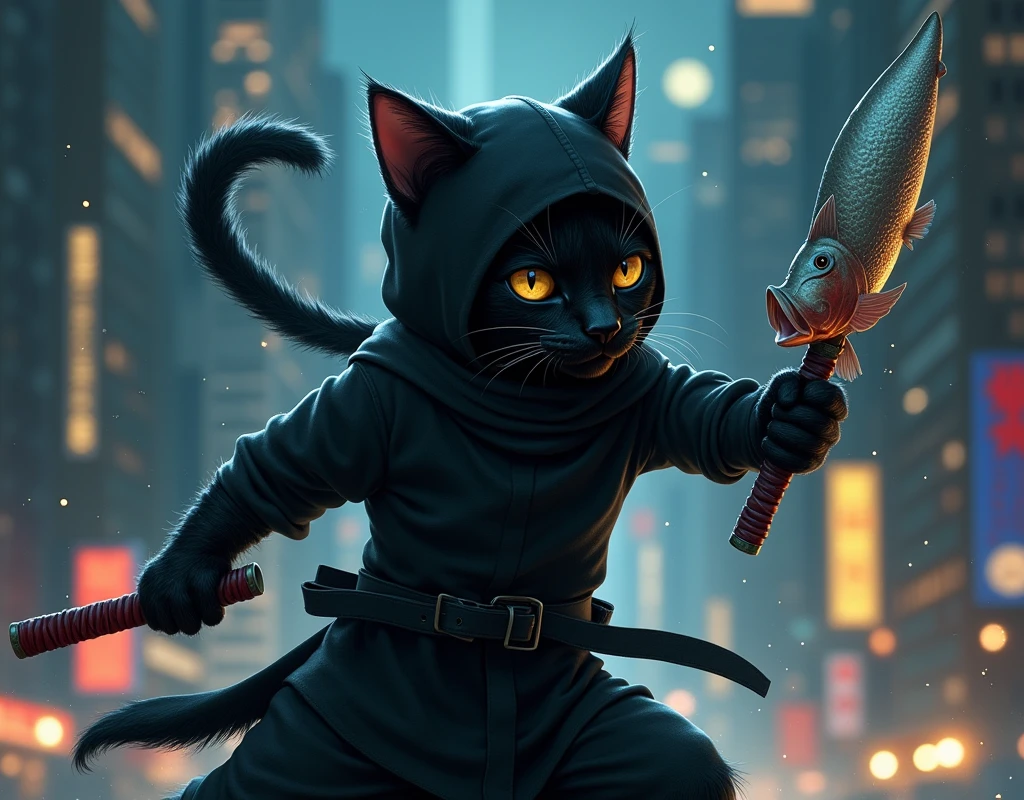 a cat dressed like a ninja with black outfit but he has a fih as sword. is in the middle of the night city with skyscraper.