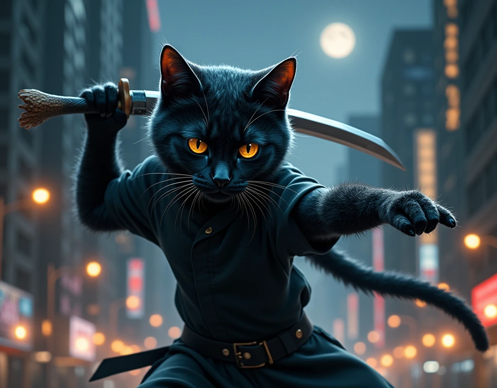 a cat dressed like a ninja with black outfit but he has a fih as sword. is in the middle of the night city with skyscraper.