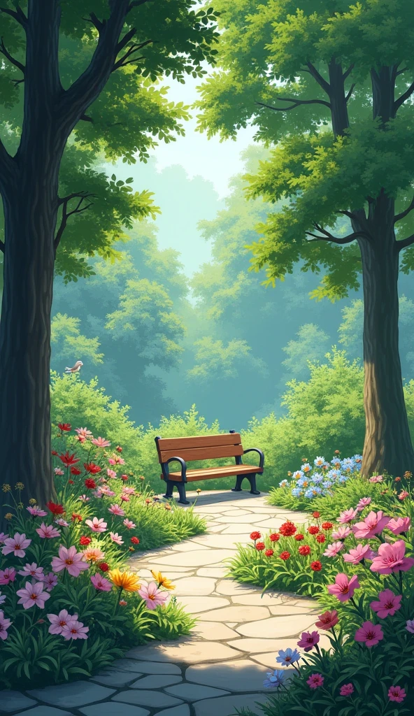 A tranquil garden with a stone pathway leading to a bench surrounded by blooming flowers and tall, shady trees. The sound of birds chirping and a gentle breeze adds a sense of calm.