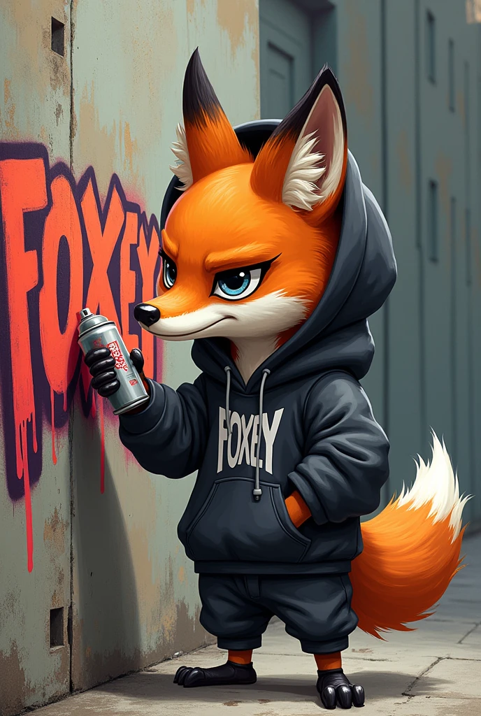 A fox wearing a hoodie making graffiti that says foxey