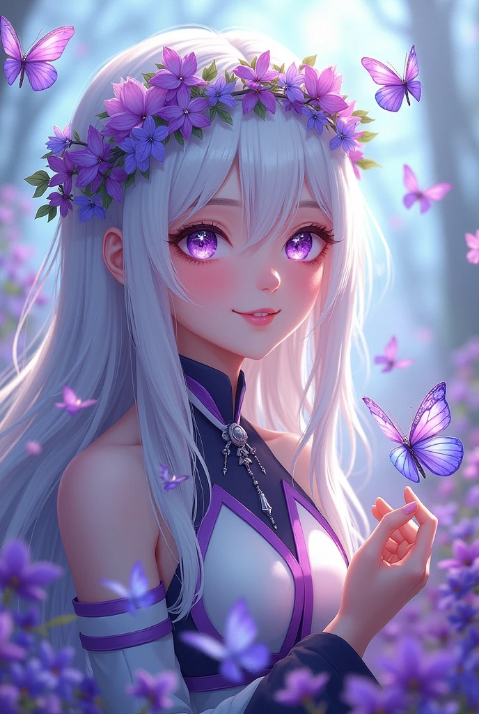 1 White haired girl with purple eyes with star pupils happy watching butterflies smiling calm long hair demon hunter uniform with purple and blue flower crown in gift of flowers and butterflies