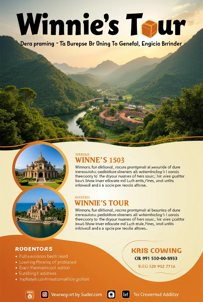 Make an image flyer for a tour company in Ghana with the detail below
Company name: Winnie's Tour
Services provide: guided tour, private tour, museum tour, family tour or trip, honeymoon tour or trip and group tour or trip.
Phone Number: 0538381453
E-mail address: winnifredabrikwa@gmail.com
Note: use tourism sites in Ghana