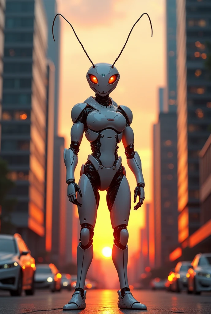 Fire ant in white glossy cyborg costume standing ween sky scrapers at sunset