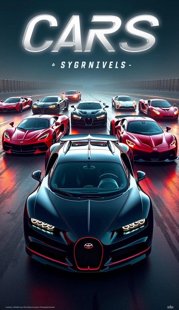 Make a short YouTube thumbnail of the top 10 most expensive cars that is very eye-catching and attractive to the public , and have a text in Spanish at the top that says TOP 10 of the most expensive cars where Bugatti appears , Pagani
