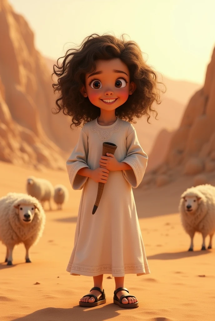 a young jew, Full-body image, ((())), ((Pixar-style)), ((Caucasian skin)), (((Curly hair))), moreno claro, wearing a white Jewish dress, jewish sandal, happy and welcoming expression, detailed facial features, complex clothing folds, warm lighting, cinematic composition in the desert with sheep nearby, holding a Jewish shofar, rewarded photography