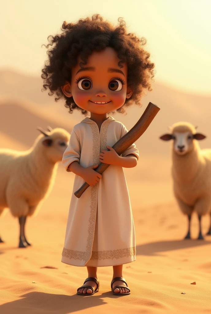 a young jew, Full-body image, (((7 years old))), ((Pixar-style)), ((Caucasian skin)), (((Curly hair))), moreno claro, wearing a white Jewish dress, jewish sandal, happy and welcoming expression, detailed facial features, complex clothing folds, warm lighting, cinematic composition in the desert with sheep nearby, holding a Jewish shofar, rewarded photography