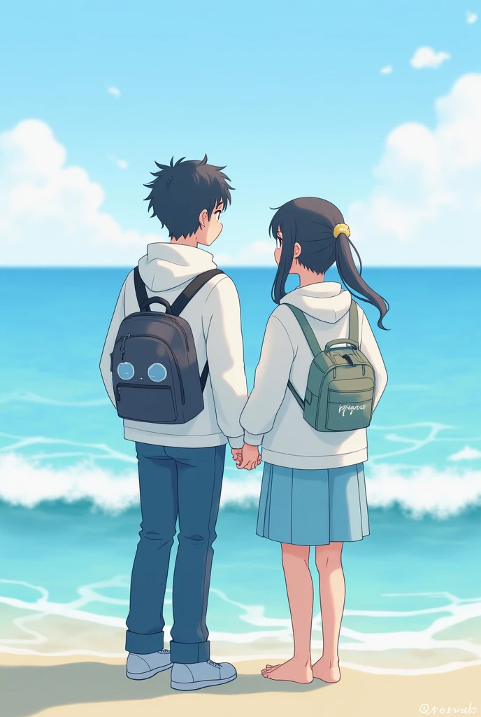 Boy and girl two lovers are two couples said inside of beach that’s looking to of water and they turn the phase to the sea and back to And they were white jackets and boy have the a litter on the back of him and a girl also have where the white jacket and the tea on the back of her written