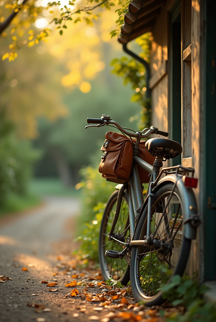 A cozy outdoor scene featuring a vintage bicycle leaning against a wall, with a soft focus on the surroundings. The bicycle has a weathered, rustic look, with a leather bag hanging from the frame. The background is filled with warm, muted tones of greenery and soft sunlight filtering through, creating a nostalgic and peaceful atmosphere