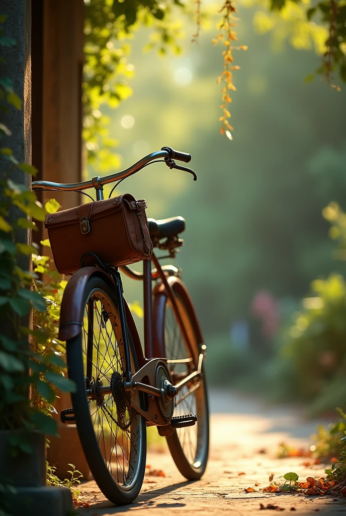 A cozy outdoor scene featuring a vintage bicycle leaning against a wall, with a soft focus on the surroundings. The bicycle has a weathered, rustic look, with a leather bag hanging from the frame. The background is filled with warm, muted tones of greenery and soft sunlight filtering through, creating a nostalgic and peaceful atmosphere