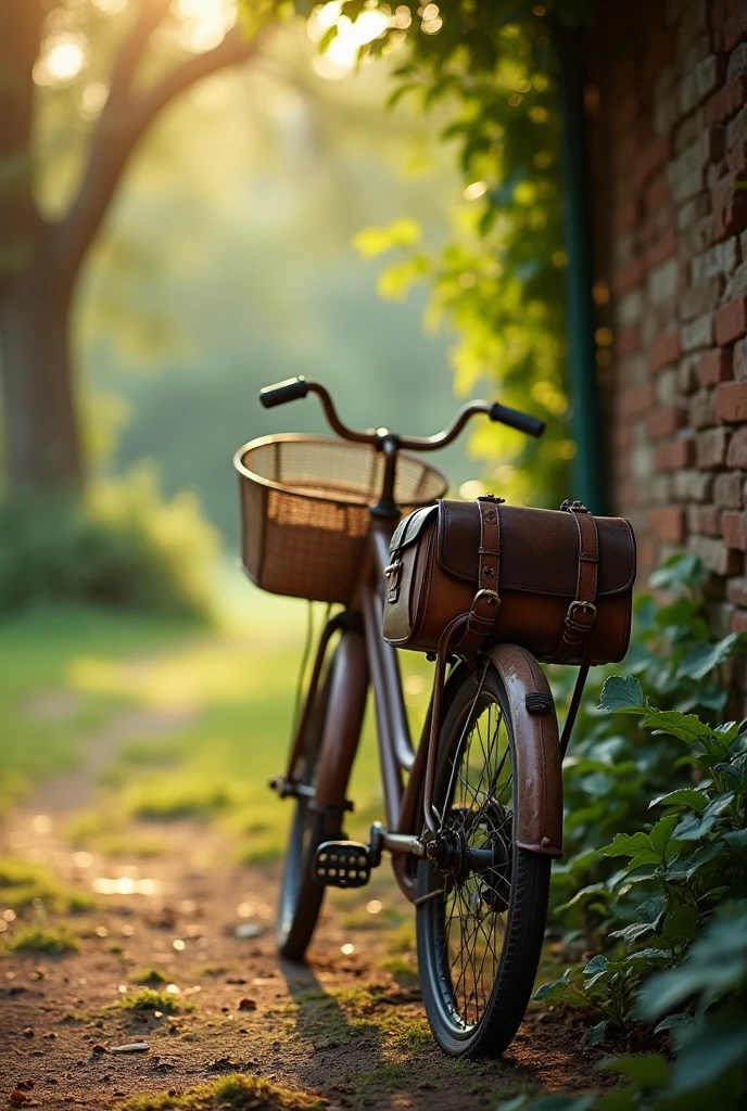 A cozy outdoor scene featuring a vintage bicycle leaning against a wall, with a soft focus on the surroundings. The bicycle has a weathered, rustic look, with a leather bag hanging from the frame. The background is filled with warm, muted tones of greenery and soft sunlight filtering through, creating a nostalgic and peaceful atmosphere