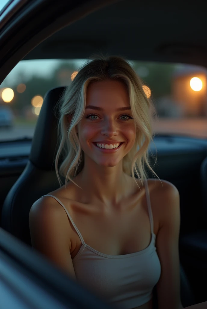 Cute eighteen , passenger seat of car, brunette, young, eye contact, nighttime, street lights, smiling, smile, young girl, thin legs, skinny, eighteen, sweet, closed mouth, mouth closed, slim, tiny body, 18, blonde, bright blue eyes, parked outside house, photo real, photorealistic, naked, nude, topless