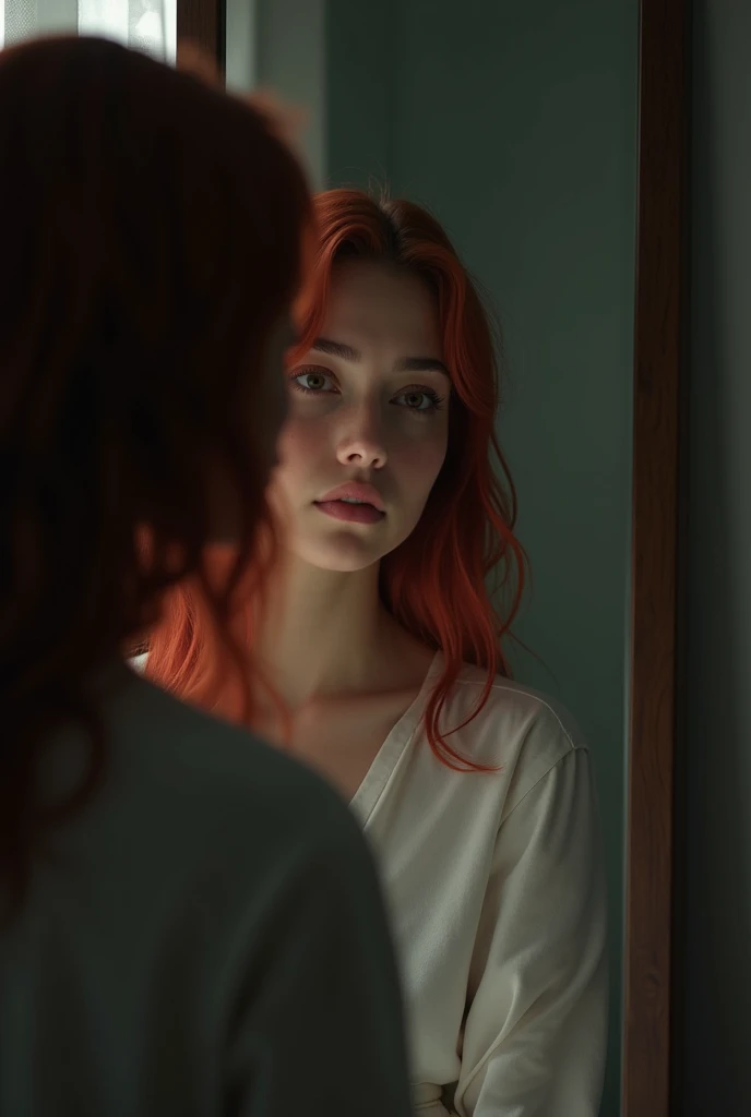 A young woman in a room with a sad face looking at herself in the mirror, her face not fully visible, she is from South America with semi-red hair and about 25 years old.