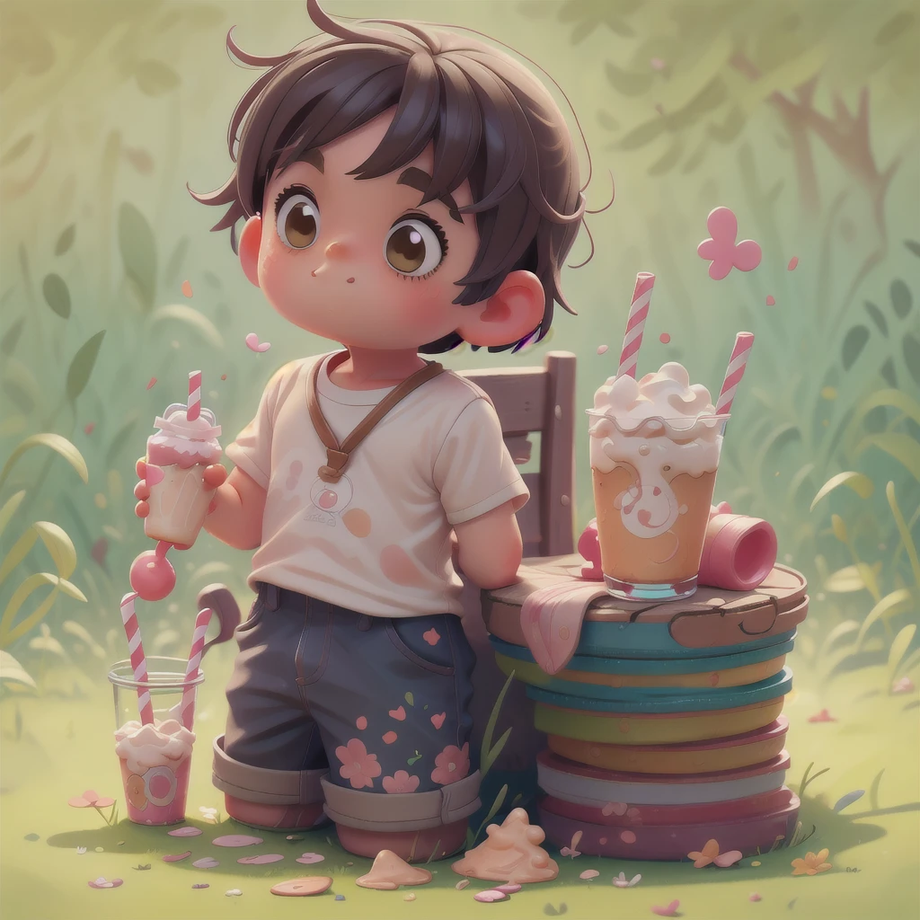 children's book illustration of a 4 yo boy drinking a milk shake