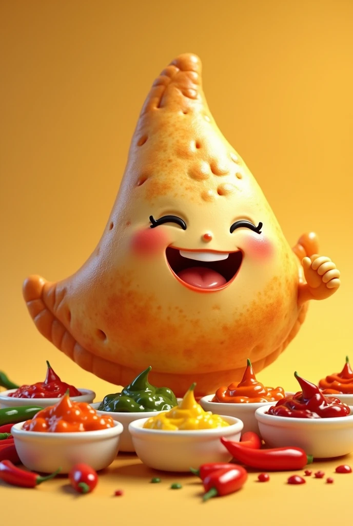 IMAGE OF AN EMPANADA WITH HANDS, PUTTING SAUCES ON HERSELF,
PIXAR STYLE AND APPETIZING WITH SAUCES AND CHILI IN SMALL CONTAINERS, With a happy face