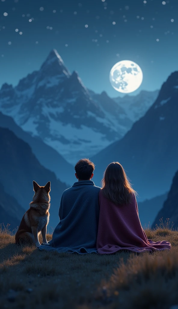 "Create a photorealistic scene of a peaceful nighttime mountain view. A young man and woman sit close together on a grassy hilltop, wrapped in blankets, with a serene, cozy atmosphere around them. A soft, warm light casts gentle shadows, illuminating their faces as they gaze at the bright full moon in the sky. A loyal dog sits beside them, looking content and calm. In the background, towering mountains rise against a starry night sky. The overall mood is tranquil and intimate, with the soft glow of the moonlight enhancing the natural beauty of the moment."