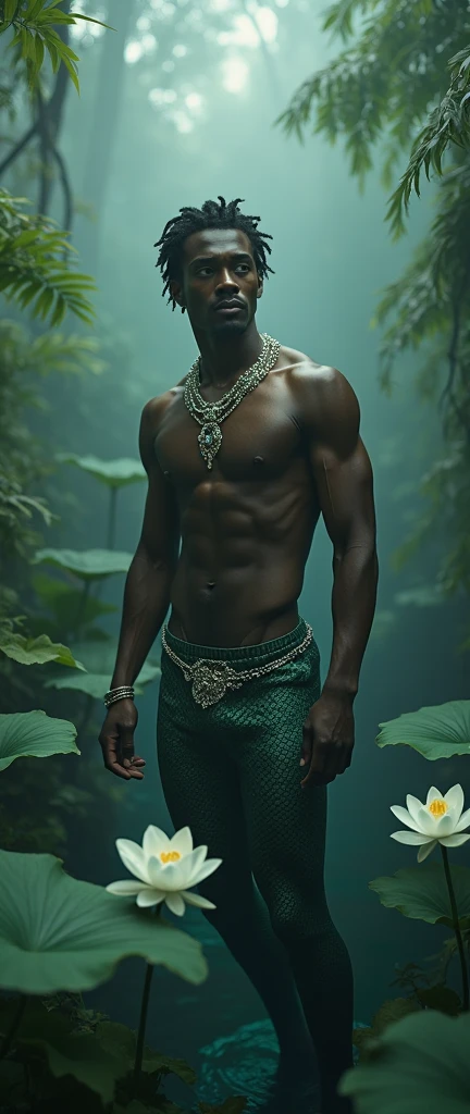 ((high qualiy)), ((4K)), ((fullHD)), ((Amazonian landscape)), Very handsome merman with dark skin and pearl jewelry with white lotus flowers.