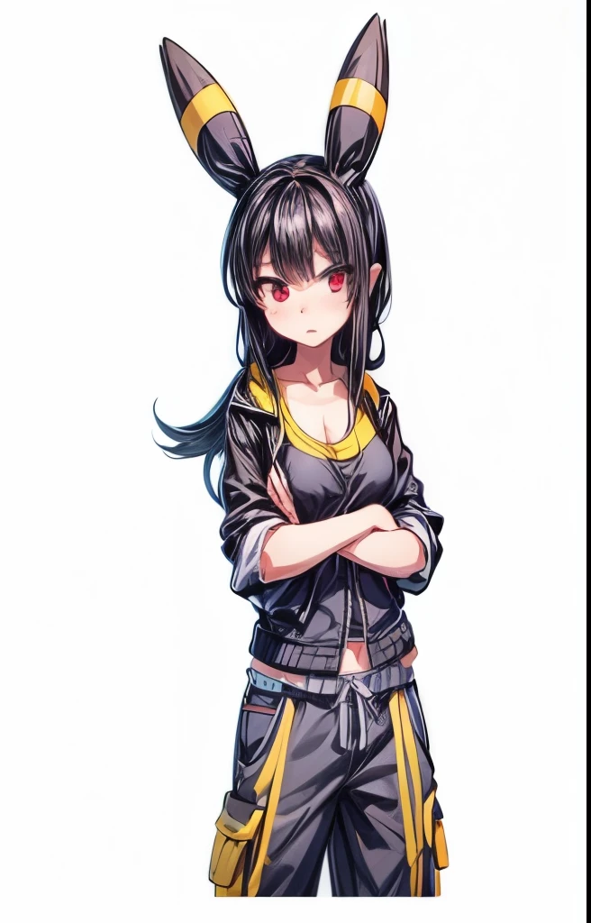 a girl with black hair, umbreon ears, red eyes, wearing black cargo shorts, pink sports bra, medium breasts, open black leather jacket, round ass, small hips, detailed face, beautiful detailed eyes, beautiful detailed lips, extremely detailed eyes and face, long eyelashes, photorealistic, 8k, high quality, hyperdetailed, cinematic lighting, dramatic colors, vibrant, moody, dark fantasy