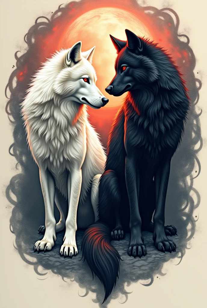 create a tattoo with two wolves, one white and one black, both with red eyes