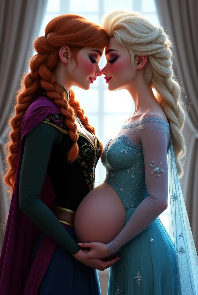 Realistic:1.5, A stunning portrait of Elsa and her sister Anna kissing, French kissing, tongues touching, they are kissing, young and beautiful, hyper realistic, real portrait, backlit, exquisite features, cleavage, Elsa is showing her pregnant belly to Anna. Anna is gently caressing Elsa’s pregnant belly, she is inserting his fingers in her vagina under her skirt, she is fingering her, Elsa is in ecstasy, (anna has red hair), Elsa is pregnant