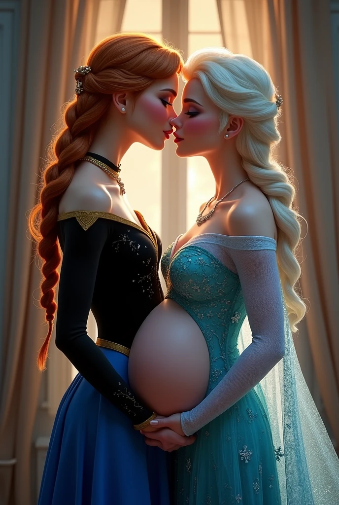 Realistic:1.5, A stunning portrait of Elsa and her sister Anna kissing, French kissing, tongues touching, they are kissing, young and beautiful, hyper realistic, real portrait, backlit, exquisite features, cleavage, Elsa is showing her pregnant belly to Anna. Anna is gently caressing Elsa’s pregnant belly, she is inserting his fingers in her vagina under her skirt, she is fingering her, Elsa is in ecstasy, (anna has red hair), Elsa is pregnant