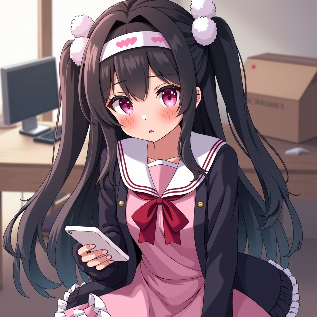 One person, Black Hair,Pink inner color,Long Hair, bangs,Half Twin Tail,Pink eyes, Droopy eyes,Take a closer look, Hearts in eyes, ribbon, Headband, White fluffy hair accessories,anime, anime風, skirt,Frills,Mine system,smartphone,Pink Sailor Suit,Dark cardigan,Drooping eyes,Confused eyes,Worried brow,Yandere,background computer,smartphone,delivery,Illness,Expose,Midnight,earphone,An evil look