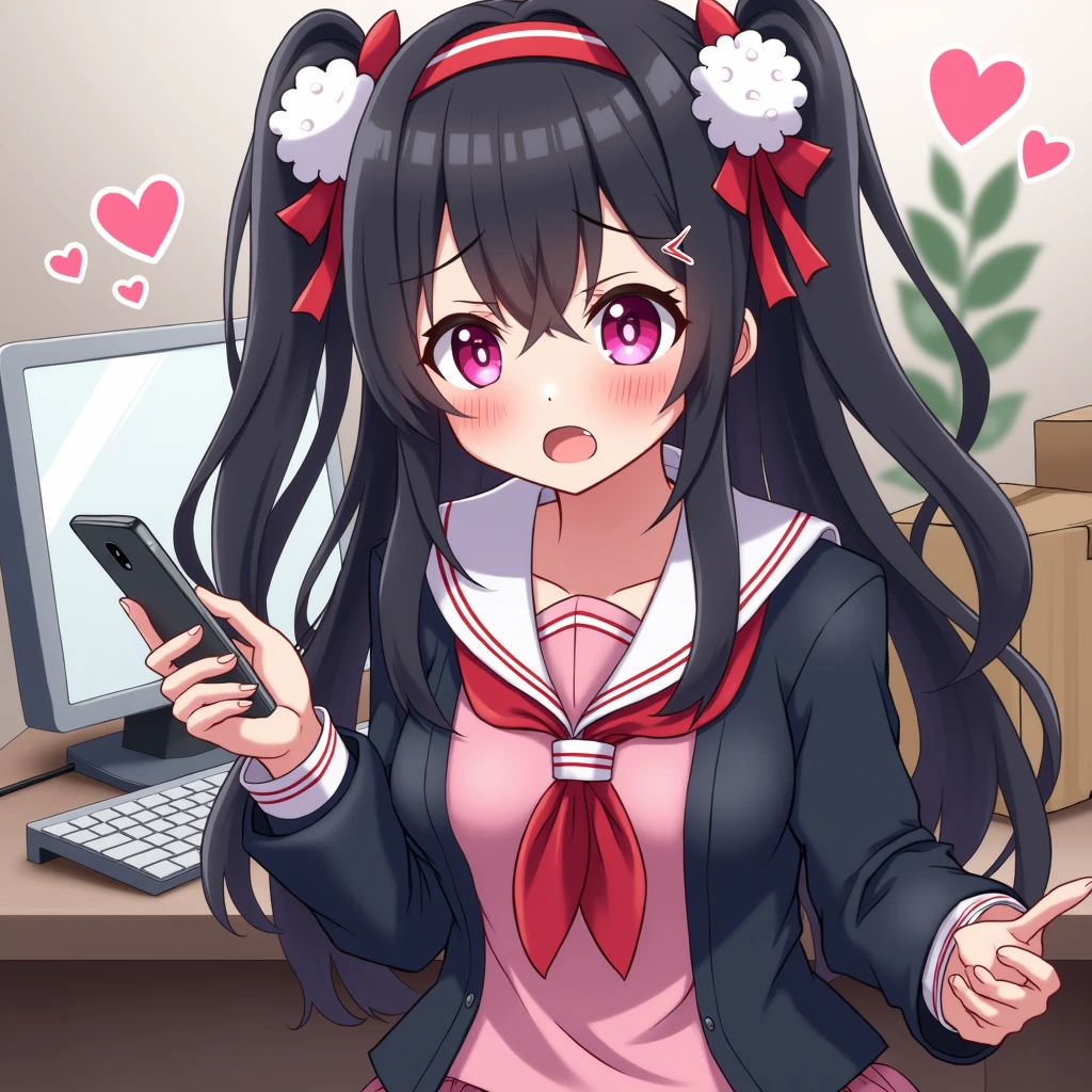 One person, Black Hair,Pink inner color,Long Hair, bangs,Half Twin Tail,Pink eyes, Droopy eyes,Take a closer look, Hearts in eyes, ribbon, Headband, White fluffy hair accessories,anime, anime風, skirt,Frills,Mine system,smartphone,Pink Sailor Suit,Dark cardigan,Drooping eyes,Confused eyes,Worried brow,Yandere,background computer,smartphone,delivery,Illness,Expose,Midnight,earphone,An evil look