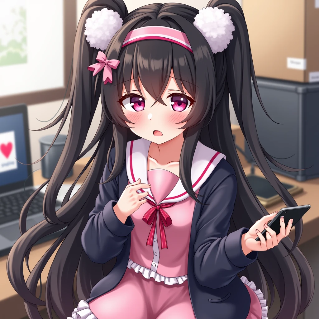 One person, Black Hair,Pink inner color,Long Hair, bangs,Half Twin Tail,Pink eyes, Droopy eyes,Take a closer look, Hearts in eyes, ribbon, Headband, White fluffy hair accessories,anime, anime風, skirt,Frills,Mine system,smartphone,Pink Sailor Suit,Dark cardigan,Drooping eyes,Confused eyes,Worried brow,Yandere,background computer,smartphone,delivery,Illness,Expose,Midnight,earphone,An evil look